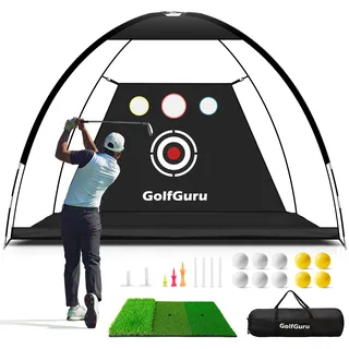 Golfguru Golfnetz, 3.0x2.1 m All in 1 Golf Übungsnetz mit XL Tri-Turf Golf Matte, Impact Target, 10 Golfbälle, 7 Golf Tees, Tragetasche, Golfnetz für Hinterhof Driving Ch. IPP Indoor