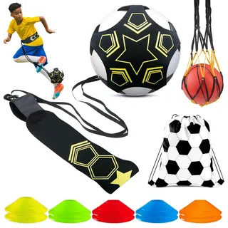 Fußball Kicktrainer Fußball Trainingsset Fußball Kick Trainer mit 10 Fussball Hütchen Fußball Trainingsgerät Hände frei Solo Fussball Trainingszubehör für Bälle Größe #3#4#5 Fußballe