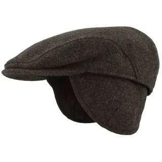 Breiter Herren Winter Schiebermütze mit Ohrenklappen Flatcap Schirmmütze 100% Wolle, ausklappbarer Ohrenschutz, Hautfreundlich, Bequem 55, Braun Uni - 55