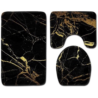 Badmatten Nicht-schlupf 3-teilige Toilettenmatte Set, Badematte + Sockelmatte + Toilettensitz Abdeckungsmatte Deckel Weiche Polyester Badezimmer Teppichteppich (50 X 80 Cm, Schwarzes Gold), Marmor