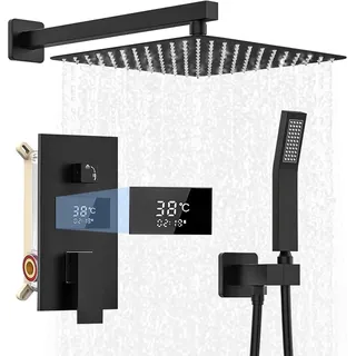 XIIW Unterputz Duscharmatur Set inkl.30X30cm Kopfbrause, Duschsystem mit Temperatur LCD Display, Regendusche Schwarz, 200mm Handbrause, Messingkörper, Brausegarnitur