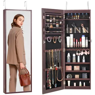 Vevor abschließbarer Schmuckschrank Schmuckspiegelschrank 108cm Hohe, Aufbewahrung von Juwelen mit Ganzkörperspiegel, Wandmontage Schmuckspiegel-Organizer mit LED-Innenbeleuchtung & Samtfutter, braun