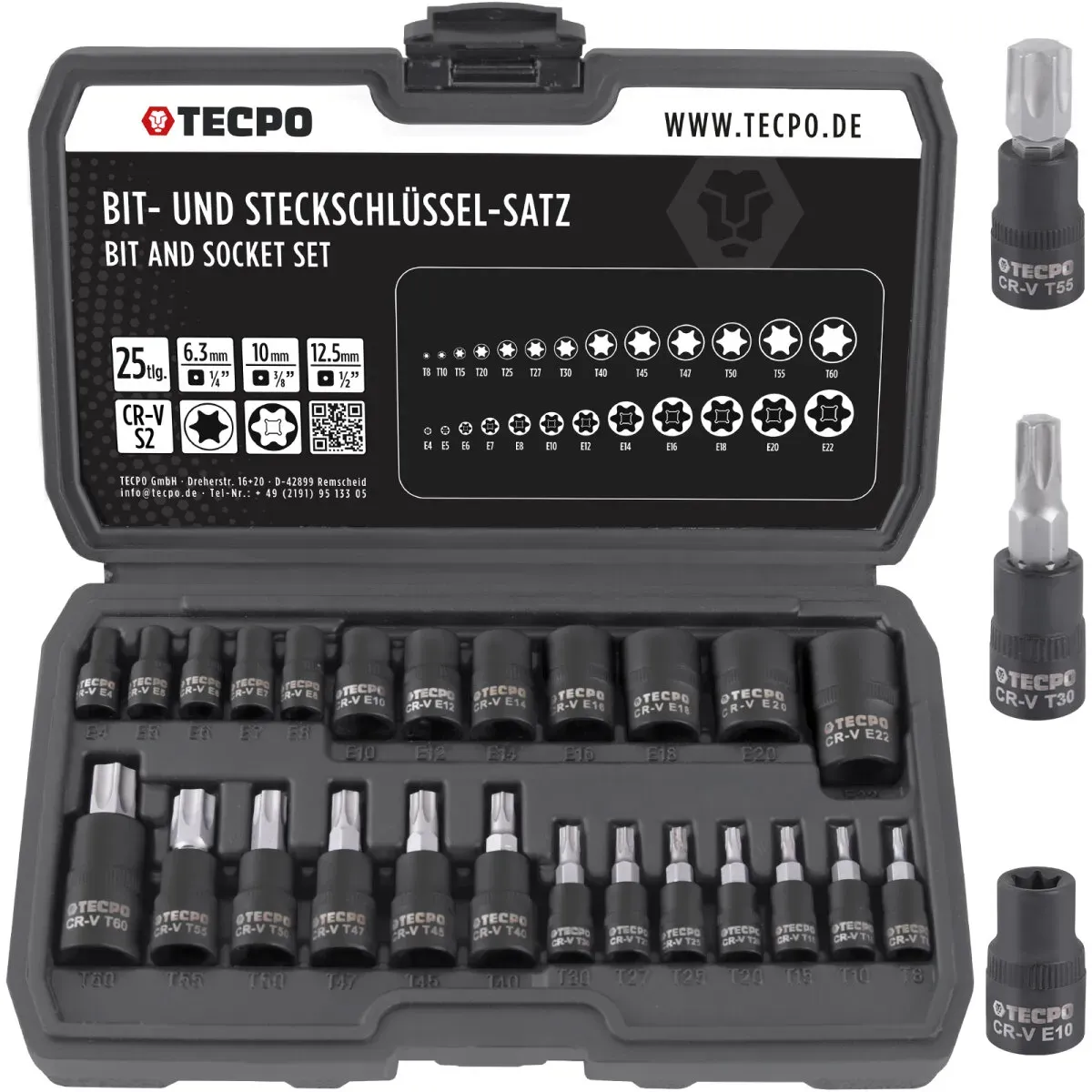 TECPO Steckschlüssel-Satz T-Profil (für Torx) und E-Torx, 25-teilig