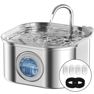 AQXONG Trinkbrunnen für Haustiere aus Edelstahl, 3.2L Trinkbrunnen für Katzen, Ultraleiser Katzenbrunnen mit LED Licht, 4 Filterpatronen + 2 Filterwatte, Trinkbrunnen für Katzen und Hunde