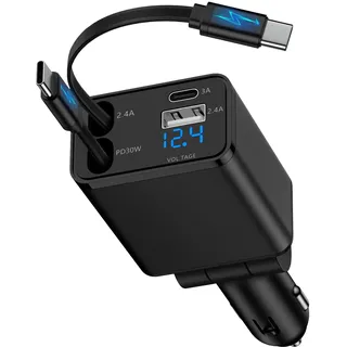 4 in 1 Zigarettenanzünder USB C, Einziehbares Auto Ladegerät 12V USB Adapter Kfz Schnellladegerät mit Typ C Ladekabel für iPhone 17 Pro 16 15, Samsung Galaxy S25 S24 S23 S22 A56 5G A55 A36 A26 A17 A16