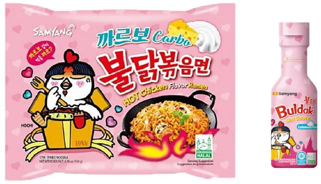 Samyang Hot Chicken Carbonara Flavor 1x 130g Ramen inkl 1x Buldak Sauce Pink