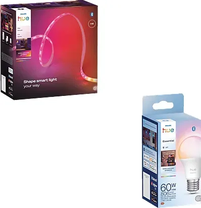 PHILIPS Hue Flux Gradient Lightstrip, 4m, lebendige Farben und Atmosphäre, ChromasyncTM-Farbmischung + Philips Essential E27 smarte LED Lampe, Bundle RGBWWIC
