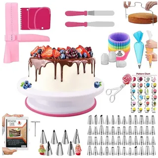 SURFOU Spritzbeutel 200 Stücke Torten Zubehör Set Tortenplatte Drehbar Backzubehör Set (Spatel Muffinförmchen) mit Tortendrehscheibe und Spritztüllen Spritzbeutel Abgewinkelter rosa