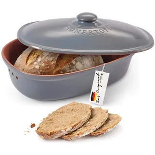Römertopf Brottopf oval MEDI 2,3 Liter - Brotkasten Blau-Grau aus Keramik - Atmungsaktiver Tontopf für langanhaltende Frische von Brot und Brötchen