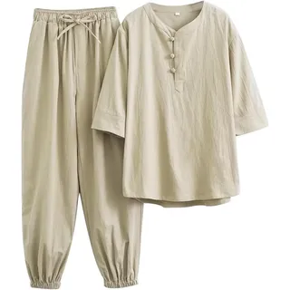 WHESAZYP Tai Chi Anzüge Tai Chi Kleidung Damen Kung Fu Uniform Baumwollleinen Kampfsport Set Kurzarmhose Zen Meditationsuniform Tang-Anzug Traditionelle chinesische Kleidung (Gelb XL)
