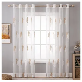 NUODWELL Gardine 2er Set Wohnzimmer Vorhänge, Modern Stickerei Blätter Muster Gardinen braun 140 cm x 225 cm