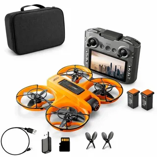 GOLDSTERN-TECH RC-Quadrocopter (Drohne mit 12,5-cm HD-Display-Fernsteuerung,komplett geschütztem Propellerdesign), Dualkamera mit 90° Winkel & 50... - Orange
