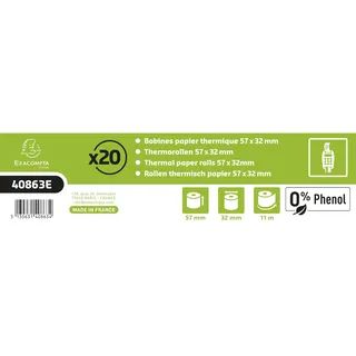 Exacompta 120x Thermorolle EC, 57mm x 11m 1-lagig 55g phenolfrei - Weiß