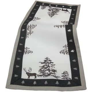 HanaQi Weihnachten - Winter - Hirsch Stickerei Leinenoptik Polyester Tischläufer ca. 38 x 109 cm, Grau - Weiß