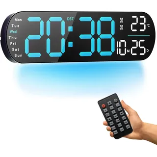PiKaPiKaP Digitale Wanduhr, 14 Zoll große Digitaluhr mit Fernbedienung – automatischer Dimmer/Einstellung, 8 farbige Nachtlichter, 24/12-Stunden-Wanduhr für Wohnzimmer, Büro, Klassenzimmer, Blau