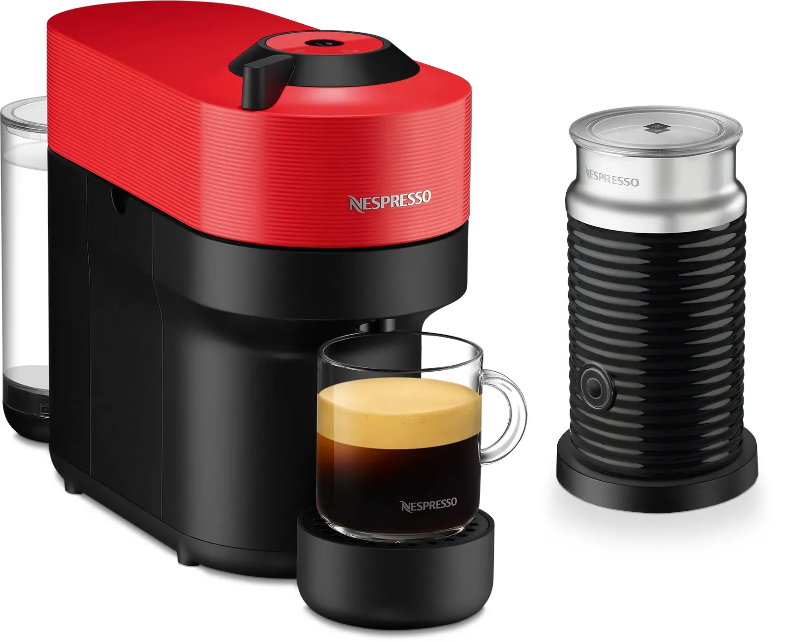 Nespresso VERTUO Pop Spicy Red & Aeroccino 3 schwarz Vertuo Kaffeemaschine