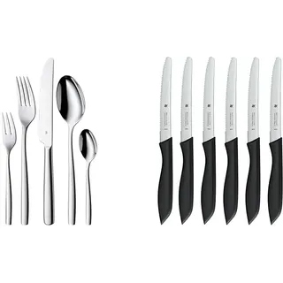 WMF Palma Edelstahl Besteck Set 6 Personen, Essbesteck Set 30 teilig, Monobloc-Messer & Classic Line Frühstücksmesser Set 6-teilig, 23 cm, Brötchenmesser Wellenschliff, Brotzeitmesser