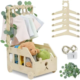 OTraki Baby Geschenk Korb mit Holzrädern, Holz Babyparty Geschenk mit Dekorblättern 5 Holzkleiderbügel Babykorb Neugeborene Personalisierte Baby Korb für Neue Eltern Babys Pregnancy Gifts