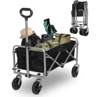 LEADZM Bollerwagen faltbar schwarz belastbar bis 100kg –74,5 x 45 x 85 cm, mit All-Terrain-Reifen und Bremsen, kompakter Bollerwagen platzsparend zusammenklappbar für Ausflüge, Camping & Einkäufe