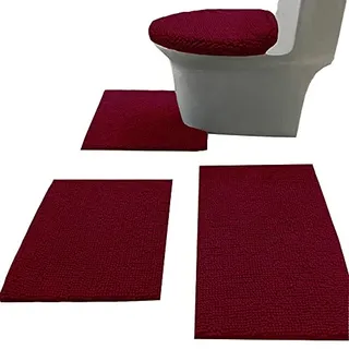Madeals Badvorleger Set 4-teilig Mit WC-Deckelbezug, Vorleger Combo, Soft Shaggy Badteppich 3-teilig Und U-förmiger WC-Bodenteppich Burgund