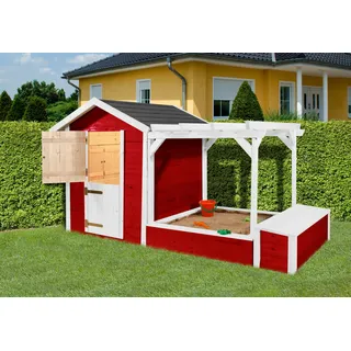 rot mit Pergola und Sandkasten