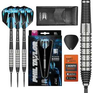Target Darts Phil Taylor Power 8-Zero 2 Steel Tip Darts, Dart-Set aus 80% Wolfram, 24G | Power 8 Zero Player Edition Darts mit Swiss Points, Pro Grip Schäften, Nr. 6 Dart-Flügen und SP-Werkzeug