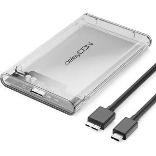 deleyCON USB-C Festplattengehäuse 2,5 Zoll - USB 3.1 Gen 1 Externes Festplatten Gehäuse für 2,5" (6,35 cm) SATA HDD Festplatte / SSD 7 mm & 9 mm - Werkzeugfreie Montage - Transparent