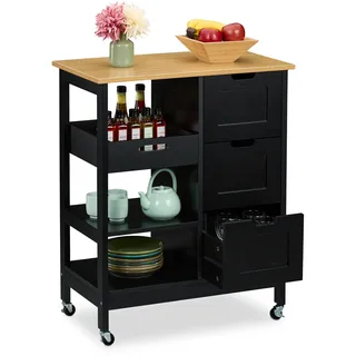 Relaxdays Küchenwagen, Arbeitsplatte, 3 Schubladen, 3 Fächer, HBT 85x68,5x38,5 cm, Kücheninsel auf Rollen, schwarz/natur