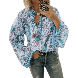 ORANDESIGNE Damen Vintage Bohemian Blusen Hippie Blumen Bluse Boho Tunika Elegante Oberteile Tops Langarm Shirt A Blau M - M