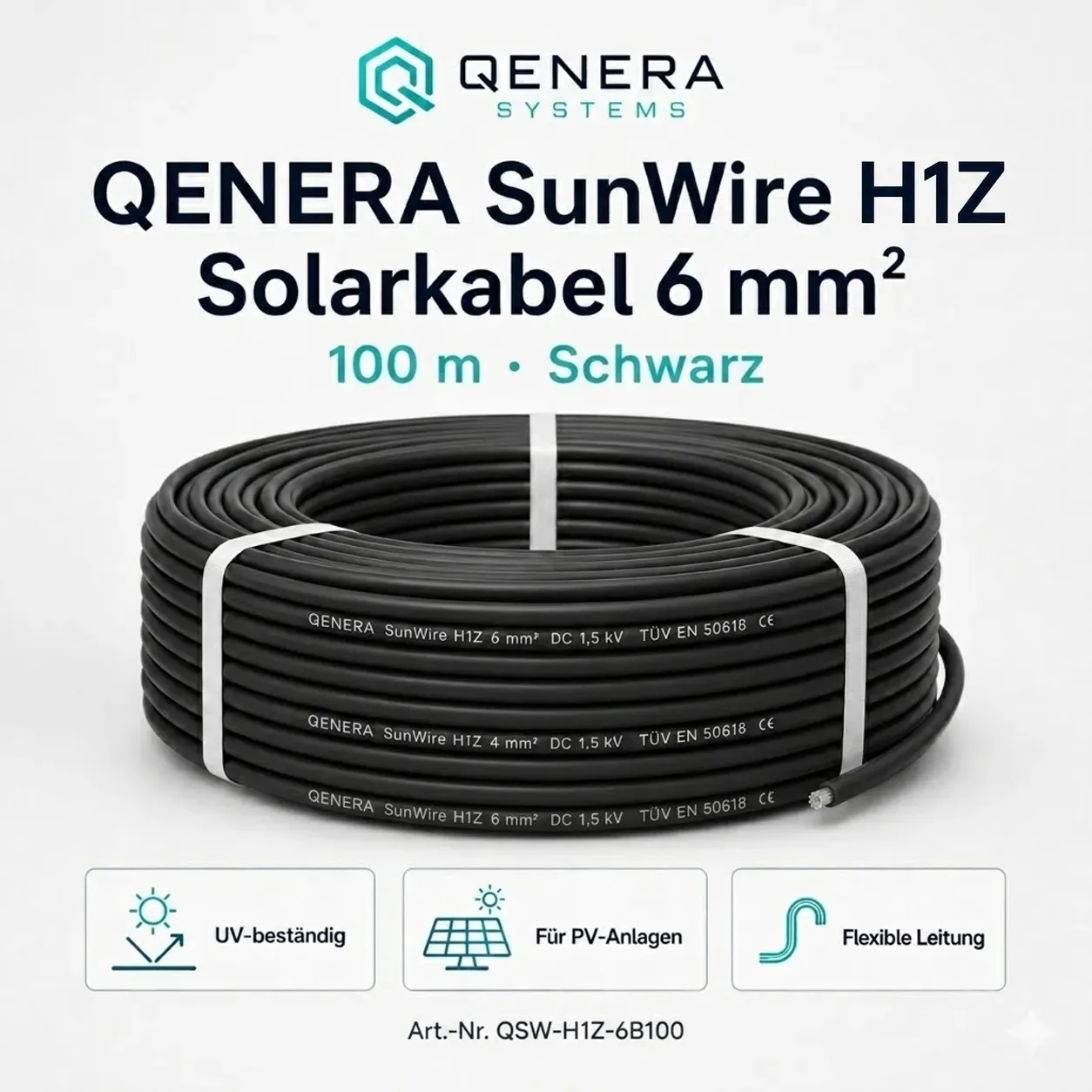 QENERA SunWire H1Z Solarkabel 6 mm2 - 100 m Schwarz - 0% MwSt. (gem. § 12 Abs. 3 UStG)