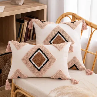 Boho Kissenbezug, Boho Kissen Rosa Beige Bunt Kissenbezug, 3D Muster Stuhlauflage Plüsch Kissenhüllen Weich Flauschig Mit Quasten, Moderne Geometrisches Beige Boho Deko Kisse (#07, 45x45 cm)