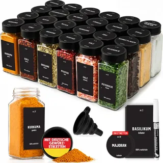 Deco haus® Gewürzgläser eckig luftdicht 24er Set [inkl. Etiketten & Streueinsatz] - Gewürzdosen Set Glas - Gewürzbehälter Spice Jars - Gewürze Aufbewahrung - Gewürz Organizer - Gewürzaufbewahrung