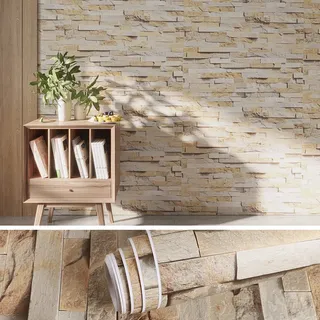 VEELIKE Tapeten Steinoptik Beige 60cm x 900cm Steintapete Selbstklebende Folie Ziegeloptik Küchentapete Stein Wand Abwaschbar Klebefolie Badezimmer Wandtapete Esszimmer Tapeten Wohnzimmer Vintage