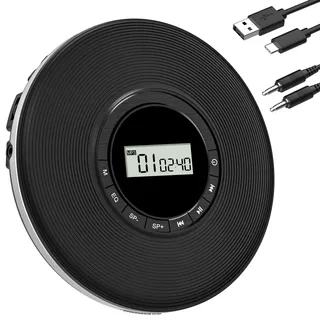 Greadio Tragbarer CD-Player Discman CD Spieler Anti-Skip Schutz 4 EQ-Sounds CD Player, TF-Karte/AUX-Ausgang Klein Musik Player, kompatibel mit CD-R, CD-RW und MP3 für Auto Zuhause (Schwarz)
