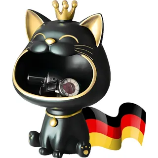 BLOOOK Lachende Katze Figuren Statue,Maneki Neko Fortune Cat Skulptur,Kawaii Deko Katzen Geschenk,Schlüssel Schale,Schmuck Tablett,Modern Deko für Wohnzimmer Home Flur Möbel (Schwarz)