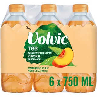 Volvic Tee Pfirsichgeschmack – Erfrischungsgetränk mit Schwarztee-Extrakt – Zuckerreduziert – 6 x 0,75 l
