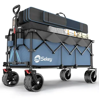 Sekey XXXL Bollerwagen Faltbar 300L 200KG Belastbar, Faltbarer Bollerwagen 17x10 cm Extra Breite Reifen Alle Gelände, Patentiert Klappbar aus Vier Richtungen, XXXL-Super 4013, Blau mit Grau