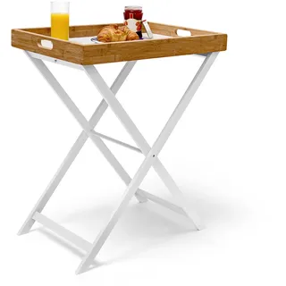 Relaxdays Tabletttisch Bambus HxBxT:72x60x40cm, Beistelltisch mit Tablett, Klapptisch/Serviertablett, weiß