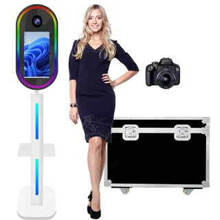 Tragbarer Instant Mirror Photobooth Maschine Mit Kamera,Touchscreen 15,6 Zoll Ovaler Spiegel PhotoBooth,Mit Flughülle,Mit Ringlicht,Für Hochzeiten,Veranstaltungen (White,Photo Booth+Camera)