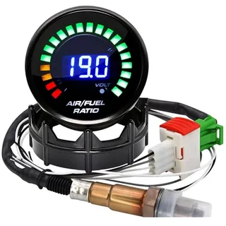 MEGAGOODS Anzeigegerät AFR Anzeige 52 mm Digital Smoked mit O2 Sensor 12V Benzin DE., 52mm Anzeige-Set mit O2 Sensor, einfache Installation, Zuverlässiges Instrument für Benzinmotoren weiß
