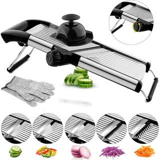 Mandolinenschneider, Gemüsehobel für Küche, Mandoline, Kartoffelhobel, Gemüseschneider, verstellbarer Edelstahl, Gemüse, Zwiebeln, Tomaten, Julienne-Schneider mit schnittfesten Handschuhen (Silber)