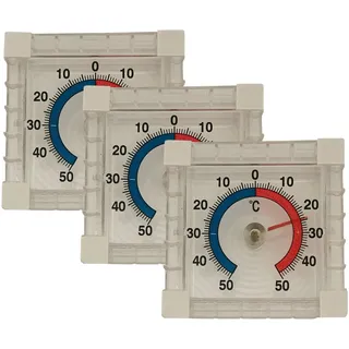 Iloda® 3X Fensterthermometer selbstklebend, transparent und analog ca. 7,5x7,5cm aus Kunststoff, Außenthermometer für Fenster, Thermometer