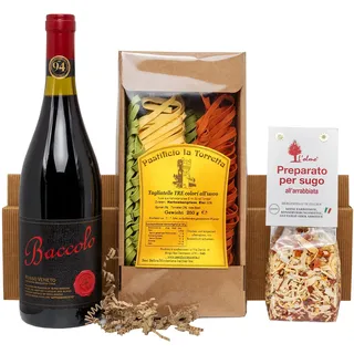 Präsentkorb „Gusto Italiano“ mit italienischen Spezialitäten: Italienischer Feinkost und Rotwein (1 x 0,75 l, 13,5 % vol.) | Geschenkset mit Pasta Tricolore, Arrabiata Gewürz und Baccolo Rosso