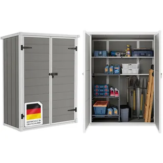 steelsøn Novara Gerätehaus aus Kunststoff – Geräteschuppen mit 2 Regalfächern – Gartenhaus wetterfest – Hochwertige Gartenhütte Pultdach, Aluminiumrahmen – Gartengerätehalter Grau 170x68x134 cm