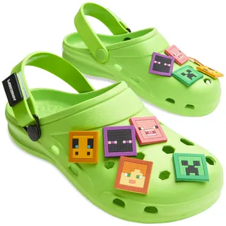 Minecraft Hausschuhe Clogs Kinder Junge mit oder ohne Schuh Charms Fersenriemen Kinderhausschuhe für Garten Strand Freizeit (Grün mit Charms, 28/29 EU) - 28/29 EU