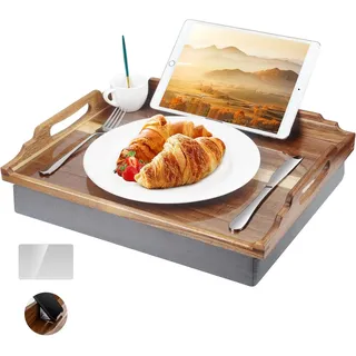 DRELIFAM Akazienholz Tablett mit Kissen Serviertablett, Betttablett Frühstückstablett Sofa Tablett