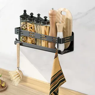 Gewürzregal Wand Kühlschrank Organizer Selbstklebend, Wand Küchenregal Ohne Bohren Küchen Organizer Gewürzregal Schranktür, Gewürzregal Hängend Mit Haken für für Küche, Bad, Wohnzimmer (Schwarz 40cm)