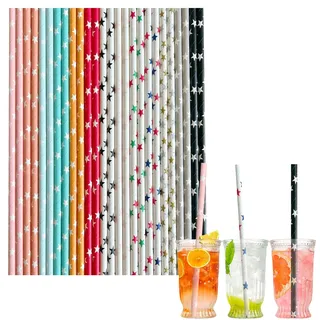 100 stück Sternenkombination Strohhalme Papier Lackfarben, 20cm Papierstrohhalme Einweg Trinkhalme Biologisch Abbaubare Cocktail Strohhalme Drinking Straws für Geburtstag,Weihnachten,Hochzeit,Party