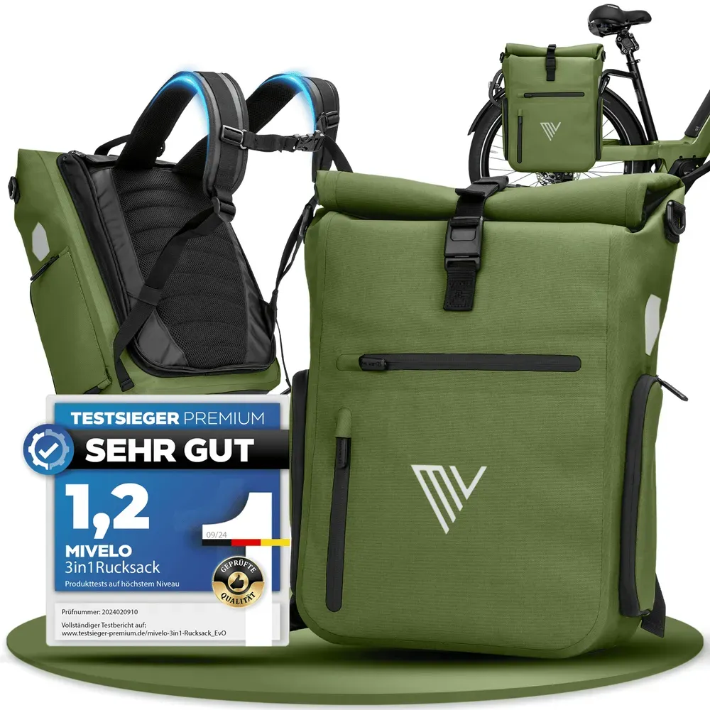 Fahrradtasche & bequemer Rucksack kombiniert 25L „EVO“ - Olivgrün - 3 in 1 Fahrradtaschen,Bestseller,Evo Bundles,oft gekauft