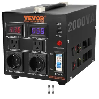 Vevor 2000W Spannungswandler Transformator AC 110V⇋220V Transformer Wandler 2x US NEMA 5-15R 3-polige/2x standardmäßige europäische Shucko-Ausgangssteckdosen, 1x 5V-USB-Anschluss, 1x Typ-C-Buchse